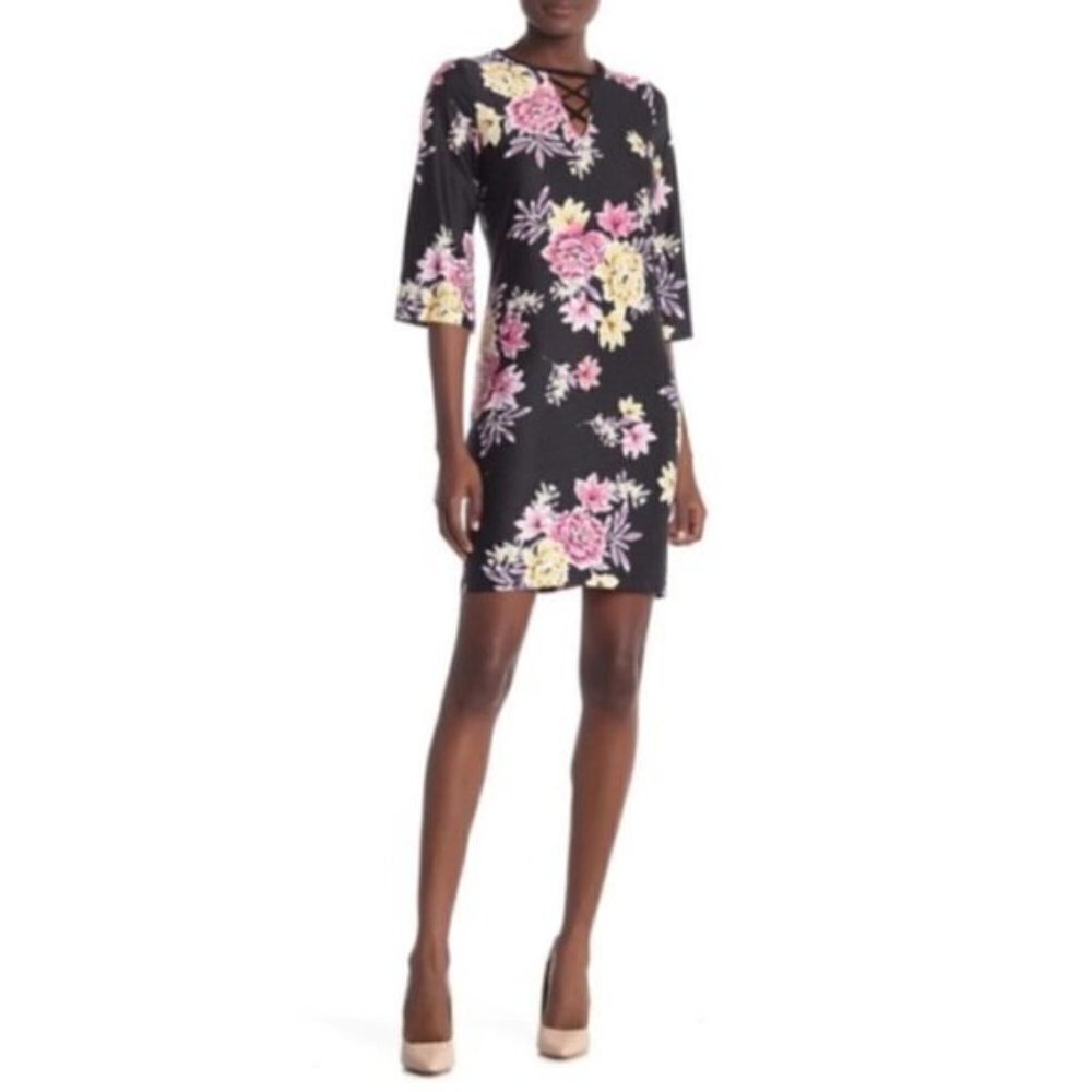 Sandra Darren Womens Black Pink Floral V Neck Elbow Sleeve Shift Dress Sz 14 New